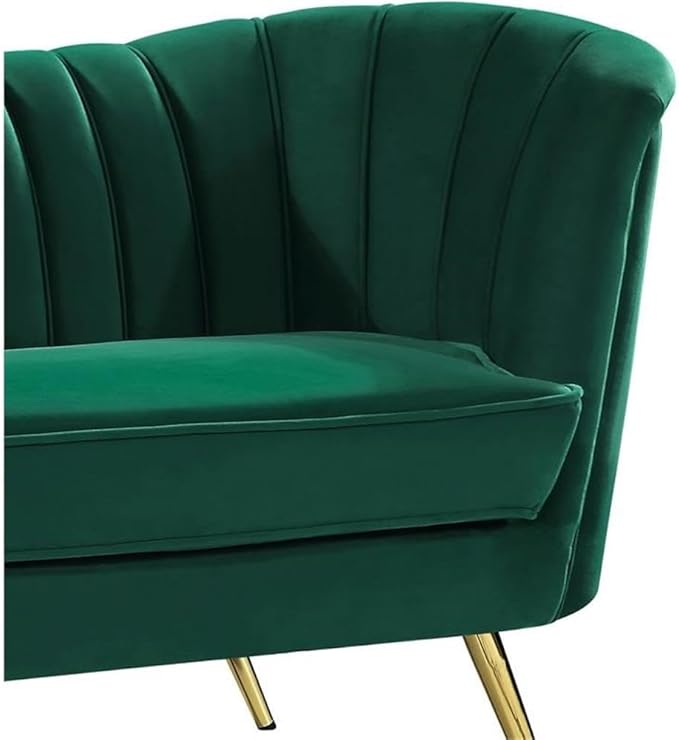 Meridian Furniture Margo Collection Modern | Contemporary Velvet Upholstered Loveseat with Deep Channel Tufting and Rich Gold Stainless Steel Legs, Green, 65" W x 30" D x 33" H