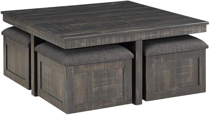 Lilola Home Moseberg 38" W Distressed Gray Oak Square Coffee Table with Faux Concrete Top – Industrial Modern Living Room Centerpiece with Storage Stools