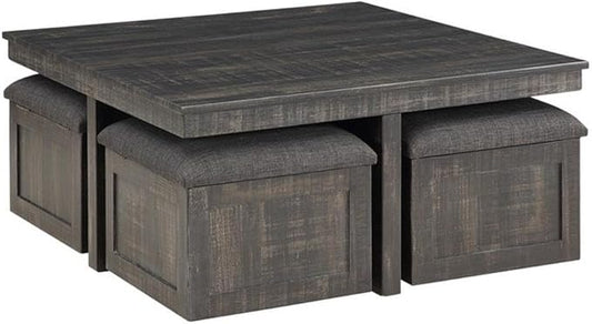 Lilola Home Moseberg 38" W Distressed Gray Oak Square Coffee Table with Faux Concrete Top – Industrial Modern Living Room Centerpiece with Storage Stools