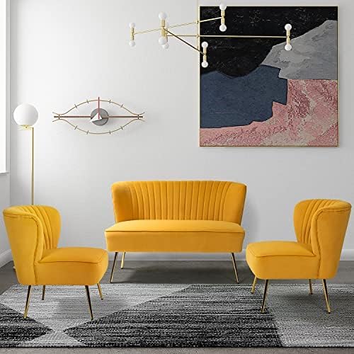 HULALA HOME 3 Piece Velvet Living Room Furniture Set, Modern Comfy Upholstered Chair Set with Golden Legs, include Loveseat & 2 Accent Chairs for Bedroom, MUSTARD Tufted 2-Seater Sofa & Armless Chairs