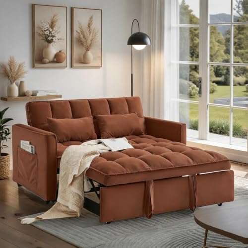 3 in 1 Convertible Sofa Bed, Velvet Fabric Loveseat Sleeper Couch, Modern Pull Out Couch with Side Pockets, Sleeper Sofa Bed with Adjustable Backrest for Living Room, Camel