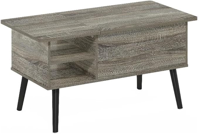 Furinno Jensen Wooden Leg Lift Top Coffee Table with Hidden Compartment and Side Open Storage Shelf for Living Room, French Oak Grey