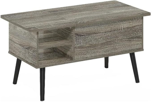 Furinno Jensen Wooden Leg Lift Top Coffee Table with Hidden Compartment and Side Open Storage Shelf for Living Room, French Oak Grey
