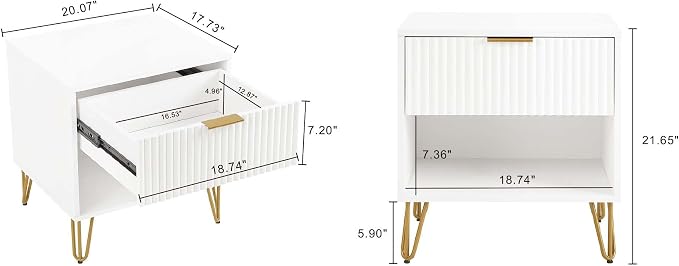 Manhattan Comfort Dumbo Modern Nightstand 1.0 with 1 Drawer and Metal Feet | Splayed Gold Legs | Vertical Ribbed Design | No Tool Assembly Storage for Bedroom & Living Room, Set of 2, White - Image 3