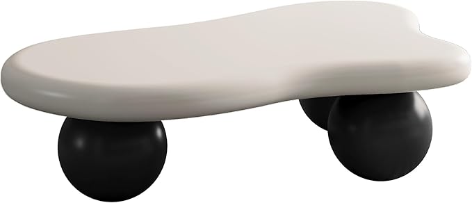 40” Cloud Coffee Table with 3 Ball Legs, Modern Irregular Center Table for Living Room, Low Cute Small MDF Tea Table for Bedroom, Space Apartment-White Black