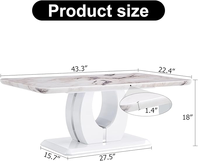 LKTART Rectangle Coffee Table for Living Room, Imitation Marble Coffee Tables with Storage, Modern Stable Base Accent Center Tea Table for Dining Room Small Space Apartment (43.3''L×22.4''H-White)