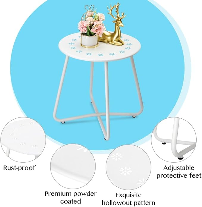 danpinera Outdoor Side Tables with Flower Cut Outs, Weather Resistant Steel Patio Side Table, Small Round Outdoor End Table Metal Side Table for Patio Yard Balcony Garden White - Image 5