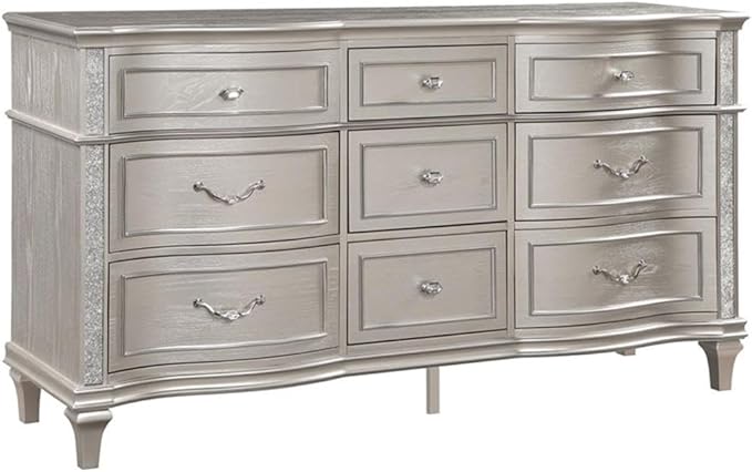 MAKLAINE 5-Piece Glam Wood Queen Bedroom Set, Silver Oak Finish, Ivory Upholstered Bed, Nightstand with USB Ports, Dresser with Jewelry Tray, Beveled Mirror, Chest; Elegant Storage Furniture for