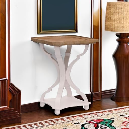 COZAYH Set of 2 Farmhouse Cottagecore End Tables, Rustic Wood Tray Top Square Accent Table with White Curved Legs for Family Room, Living Room, or Small Spaces