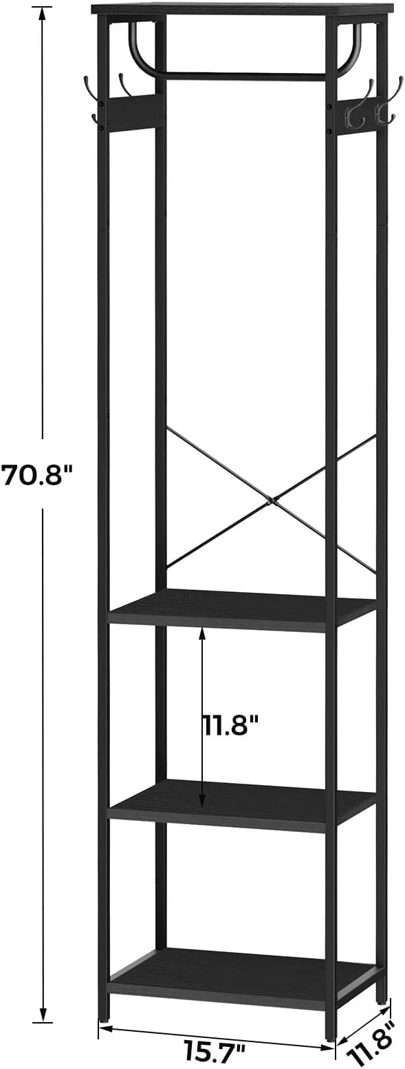 Coat Rack With Hanging Rod, Garment Rack With 3 Wooden Shelves and 4 Hooks, Freestanding Hall Tree, Industrial Clothes Rack Stand Organizer, Black - Image 3