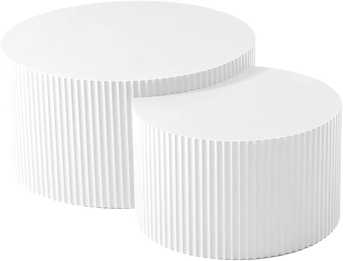 kevinplus 55.12'' White Round Nesting Coffee Table Set of 2, Modern Side End Table for Living Room, Contemporary Wood Circle Embossed Crescent Design, No Assembly, White