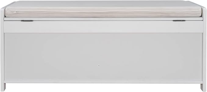 SOFTSEA Upholstered Storage Ottoman with Removable Cushion, Wooden Entryway Bench with 3 Shutter-Shaped Doors and Hidden Storage Space, Shoe Bech for Entreyway, Living Room, White with Beige Cushion - Image 4