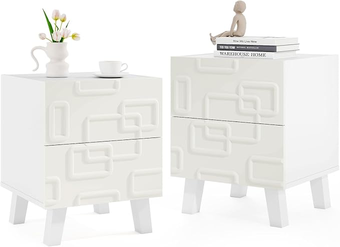 Giantex Mid Century Modern Nightstand Set of 2, 2-Drawer Bedside Table with 3D Geometric Patterns, Accent Sofa Side Table, Night Stand for Small Space, Bedroom, White by Giantex