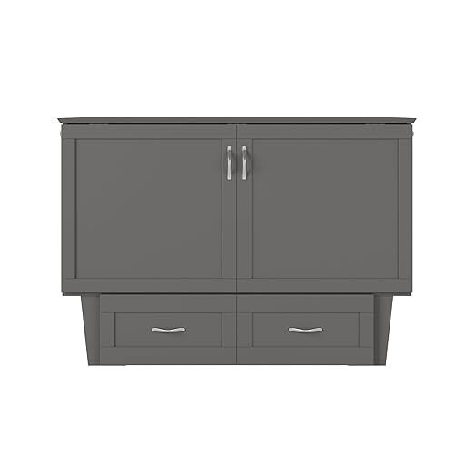 AFI, Chelsea Mid-Century Modern Full Wood Murphy Bed Chest with 6" Mattress, Storage Drawer & Built-in USB Charger, Grey