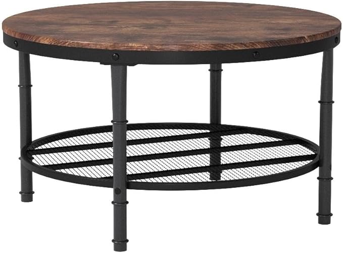 VINGLI Round Coffee Table with Storage - 31.5" Rustic Farmhouse Design, Industrial Style with Metal Shelf