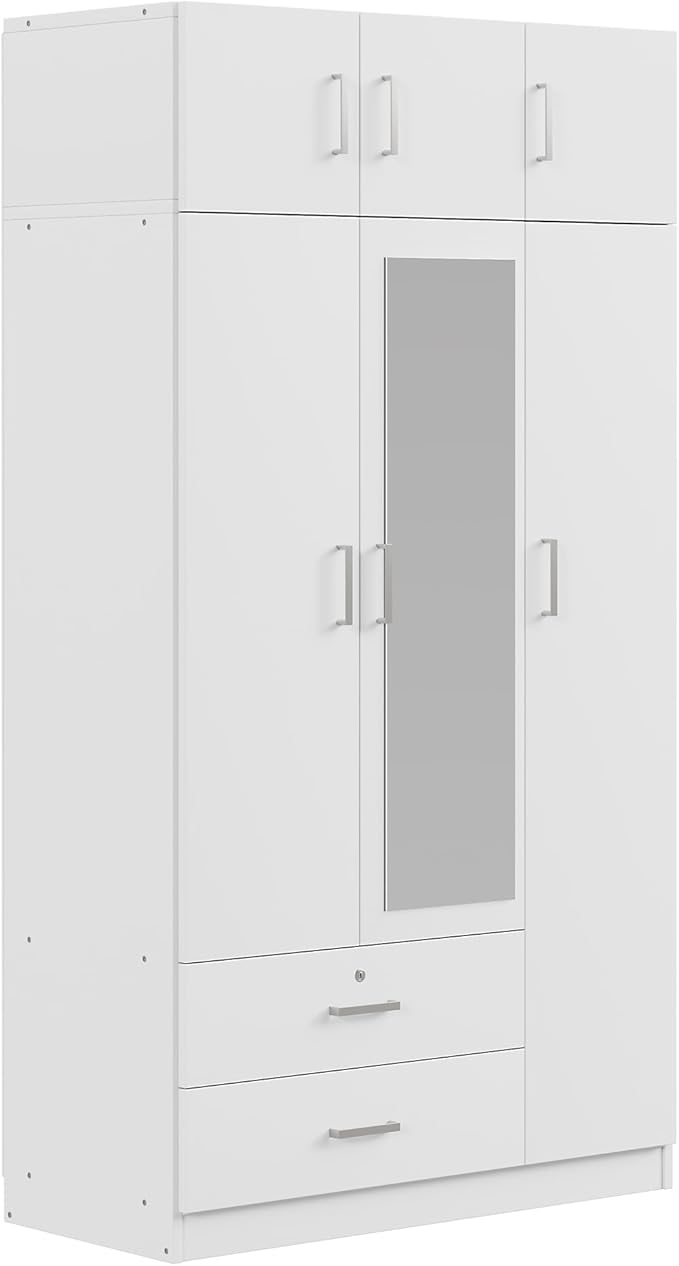 Merax 3 Doors Wardrobe with Mirror Door and Top Cabinet, Wooden Closet Wardrobe Organizers with Hanging Rail, 2 Drawers and 4-Tier Storage Shelves for Bedroom, Laundry Room, White