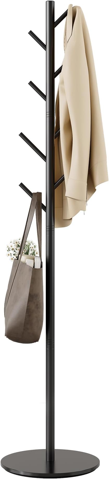 Coat Rack with 8 Hooks, 3 Adjustable Heights, Modern Hall Tree, Sturdy Metal Clothes Stand with Sintered Stone Base for Entryway, Office, Bedroom, for Coats, Hats, Handbags and Scarves, Black by Unknown