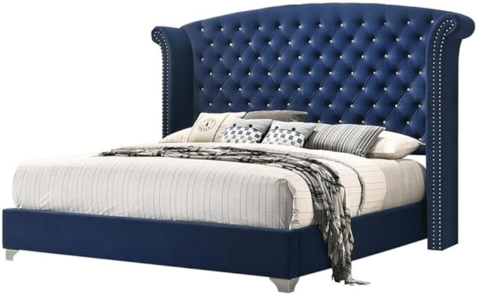 MAKLAINE 4-Piece Bedroom Set, Queen Size, Velvet Upholstery in Pacific Blue, Includes Bed with Wingback Headboard, 6-Drawer Dresser, Mirror, 2-Drawer Nightstand, Contemporary Style