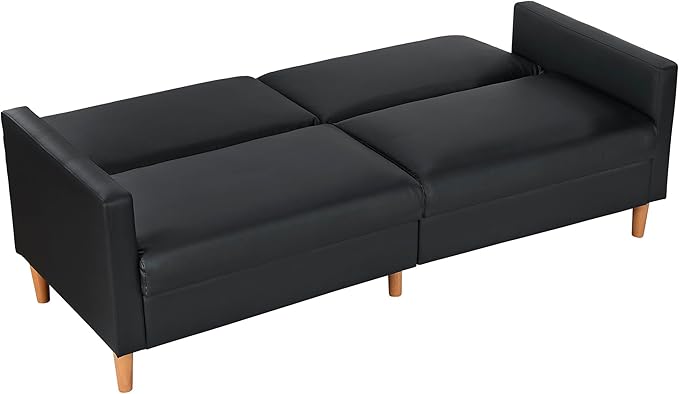 Lexicon 79"W Convertible Futon Sofa Bed, Loveseat, Faux Leather Upholstered Couch Sleeper, Adjustable Backrests, Padded Pocket Coil, Solid Wood Legs for Living Room, Bedroom, Apartment, Office, Black