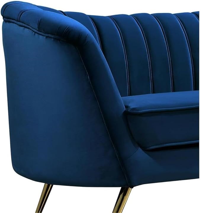Meridian Furniture Margo Collection Modern | Contemporary Velvet Upholstered Loveseat with Deep Channel Tufting and Rich Gold Stainless Steel Legs, Navy, 65" W x 30" D x 33" H