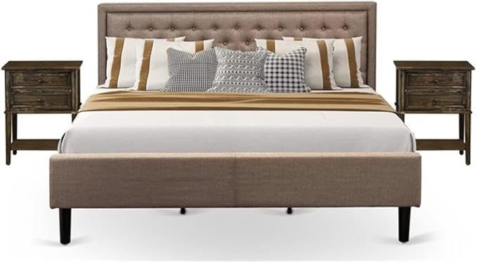 East West Furniture KD16K-2VL07 3 Piece King Bed Set - 1 King Bed Frame Dark Khaki Linen Fabric Padded and Button Tufted Headboard with 2 Mid Century Nightstand - Distressed Jacobean Finish Nightstand