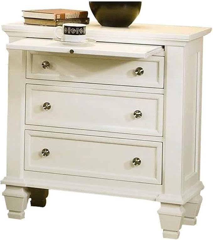 Bowery Hill 3-Drawer Coastal Wood Nightstand, White/Silver Finish, 29.75"H x 29"W x 16.5"D, Solid Asian Hardwood MDF, French Country Style, Felt-Lined Top Drawer, Slide-Out Tray for Bedroom Storage by BOWERYHILL