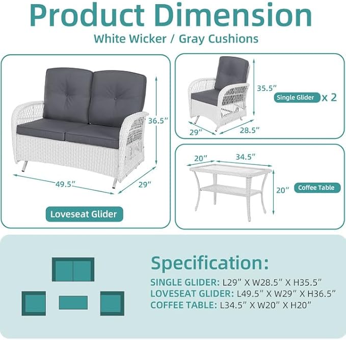MEETWARM 4 Pieces Outdoor Wicker Patio Conversation Sets with Glider Loveseat, 2 Chairs with Coffee Table Wicker Rocking Glider Set, Rattan Conversation Set with Thickened Cushions, White/Grey