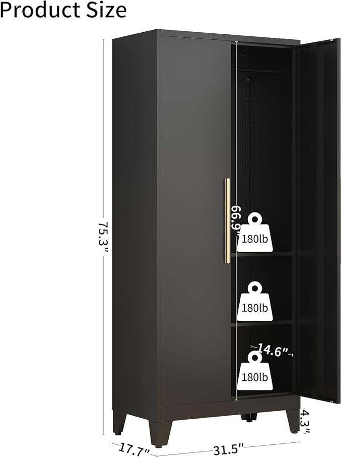 75.3" Tall Metal Armoire Wardrobe Closet with 2 Doors, Adjustable Hanging Rod & 2 Adjustable Shelves, Freestanding Storage Cabinet Organizer for Bedroom, Office, Laundry Room, Black