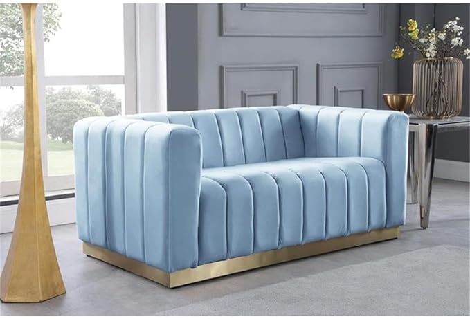 Meridian Furniture 603SkyBlu-L Marlon Collection Modern | Contemporary Velvet Upholstered Loveseat with Deep Channlel Tufting and Brushed Gold Finish, Sky Blue, 62.5" W x 34" D x 28" H