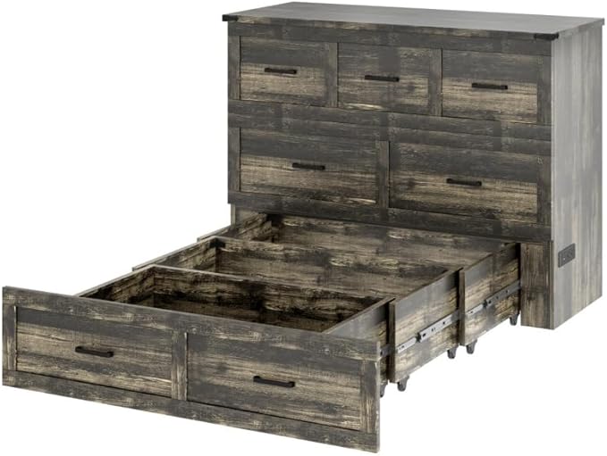 Bellemave Full Size Murphy Bed, Cabinet Bed with Charging Station and 1 Large Storage Drawer, Farmhouse Murphy Cabinet with Foldable Panel, Noisy Free, for Guest Bedroom, Living Room, Rustic Gray