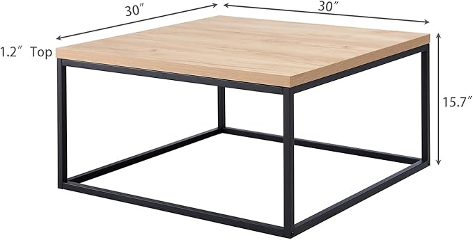 CENSI 30" Square Coffee Table, Natural Oak Light Wood Center Table for Living Room, Modern Industrial Farmhouse Cocktail Table, Extra Thick 1.2" Top with Sturdy Metal Frame, Scandi Style