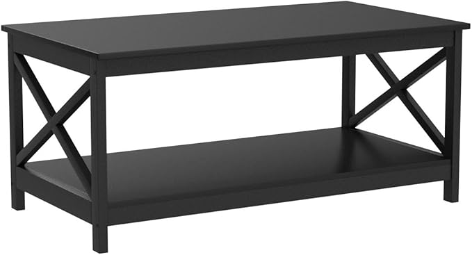 Yaheetech Wood 2-Tier Black Coffee Table with Storage Shelf for Living Room, X Design Accent Cocktail Table, Easy Assembly Home Furniture, 39.5 x 20 x 18 Inches