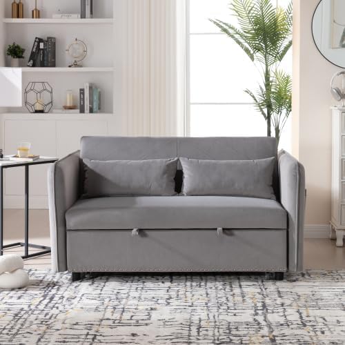 3 in 1 Pull Out Sofa Bed, Convertible Loveseat Couch with Side Pockets, Velvet Fabric Sleeper Sofa Bed with Adjustable Backrest for Living Room, Bedroom, Apartment, RV, Gray