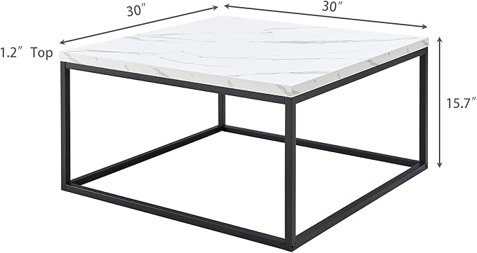 CENSI 30" Square Coffee Table, White Faux Marble Center Table for Living Room, Modern Minimalist Cocktail Table with Black Metal Frame, Extra Thick 1.2" Wood Top, Sturdy & Easy Assembly
