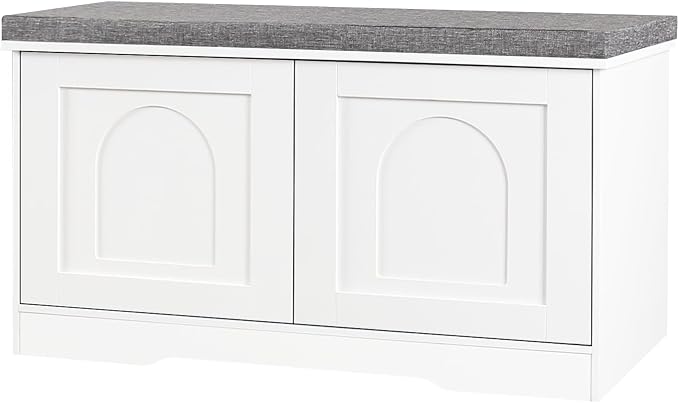 DINZI LVJ Shoe Bench, Entryway Storage Bench with Doors, Cushion, 2-Tier Shoe Rack with 6-Cubby, 31.5”L x 13.8”W Shoe Organizer Cabinet, Adjustable Shelf, Living Room, Bedroom, White by DINZILVJ