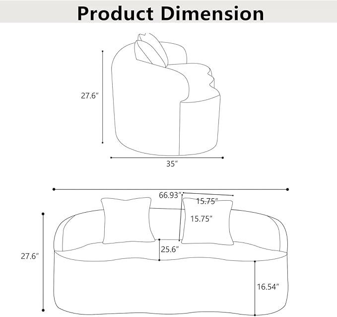 Curved Compression Sofa, Modern Loveseat Couch with Rounded Armrests & 2 Coordinating Pillows, 67'' Polyester 2 Seater Sofa for Small Living Room, Bedroom and Offices, No Assembly, White