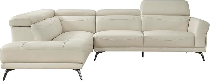 Lexicon L-Shaped Sectional Couch with Left Chaise, Top Grain Leather Match Sectional Sofa, Adjustable Headrests, Black Chrome Metal Legs, High-Density Cushions, Stitching, for Living Room, Beige
