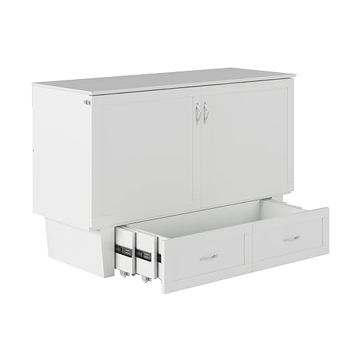AFI, Chelsea Mid-Century Modern Queen Solid Wood Murphy Bed Chest with 6" Mattress, Storage Drawer & Built-in USB Charger, White