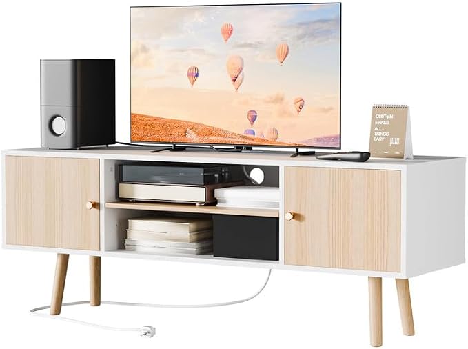 Cozy Castle TV Stand for 48-55 Inch TV, Mid Century Modern Entertainment Center with Storage Cabinet, TV Media Console with Charging Station for Living Room (Oak, 53.1" W x 15.7" D x 19.7" H) by CozyCastle