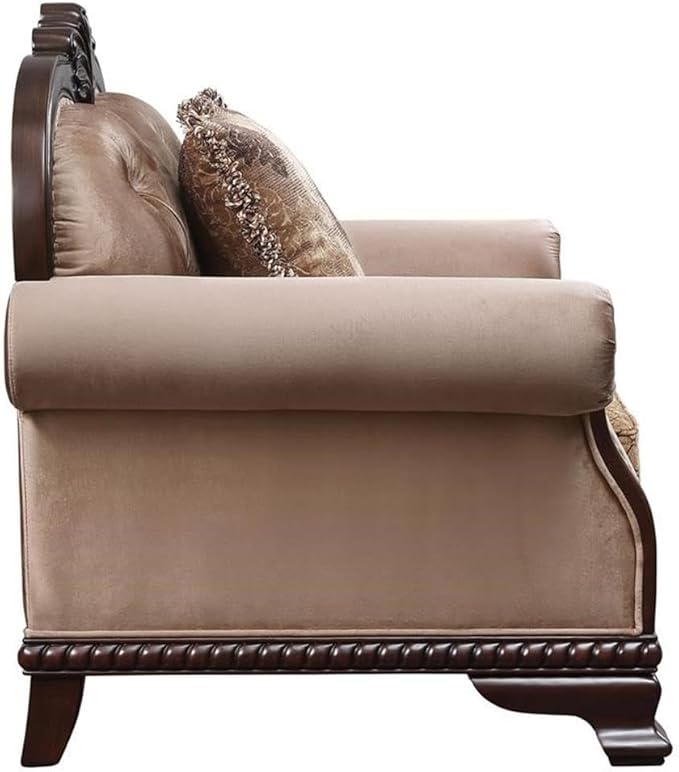 Acme Chateau De Ville Fabric Loveseat with 3 Pillows in Beige and Espresso