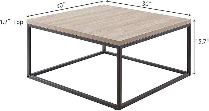 CENSI 30" Square Coffee Table, Grey Wash French Oak Wood Center Table for Living Room, Modern Industrial Metal Frame, Extra Thick 1.2" Top, Rustic Farmhouse Cocktail Table, Easy Assembly