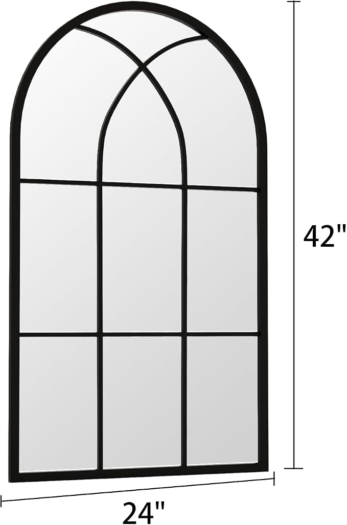 Rowjut Arched Wall Mirror 42" x 24" Window ＆ Wall Decorative Mirror, Iron Framed Window Pane Mirrors, Arched Top Wall Mirror for Entryway Living Room, Bedroom, Fireplace (Black) - Image 3