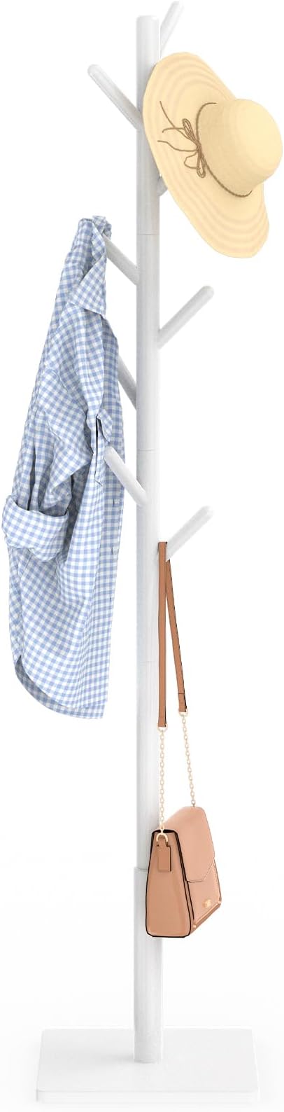 Coat Rack Freestanding with Stable Square Base for Cloathes, Hat, Used in Bedroom, Office and Entryway, Sturdy and Easy Assembly Coat Tree with 3 Adjustable Sizes and 8 Hooks, White by YheenLf