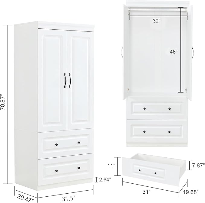 Wooden Armoire Wardrobe Closet：Modern Armoire Wardrobe Closet with 2 Doors, 2 Drawers and Hanging Rods for Tall Cabinet, Large Capacity Clothes Storage Cabinet for Bedroom Home, White