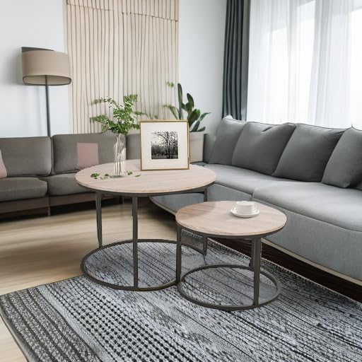 HOJINLINERO Round Coffee Table,Nesting Coffee Table Set of 2,Center Tables for Living Room,Office, Home Small Space,Stacking Side Tables,Sturdy and Easy Assembly,Wood Desktop,Black+Teak OAKDK,Large