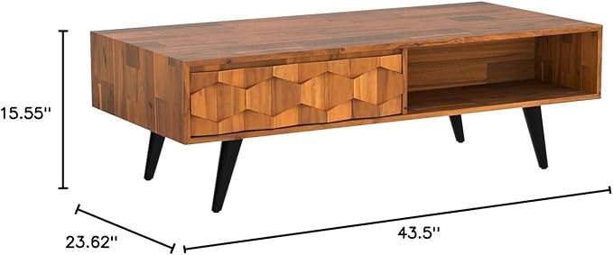 Bme Georgina Solid Wood Coffee Table, 2 Drawers & Open Shelves, Mid Century Modern Center Table, 110 cm, Teak Brown, Pre-Assembled