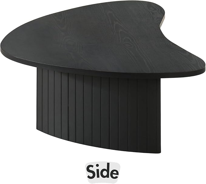 Mid Century Modern Black Wood Coffee Table with Fluted Base, Irregular Mango Top Coffee Table, Minimalist Accent Table for Living Room & Small Apartments