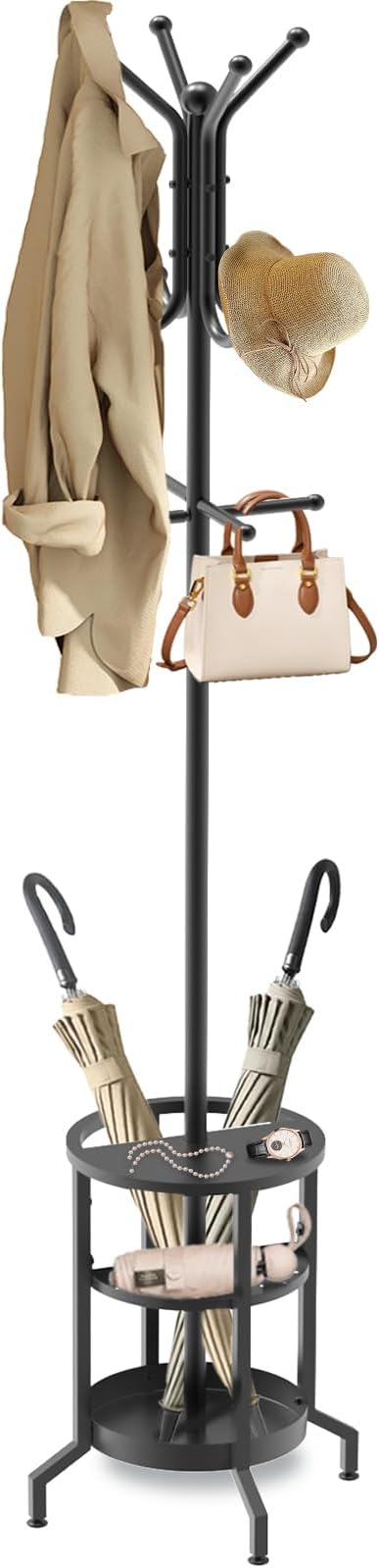 Coat Rack Freestanding, Coat Stand with Umbrella Holder, Metal Coat Tree with 12 Hooks, Coat Hanger Stand for Entryway, Coat Rack Stand for Bedroom, Living Room & Office by Unknown