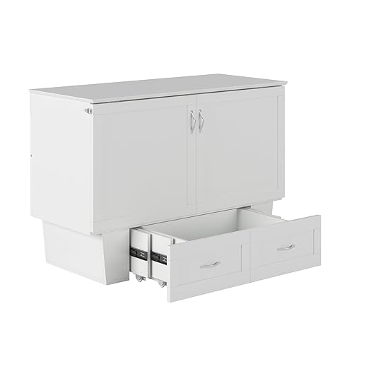 AFI, Chelsea Mid-Century Modern Full Wood Murphy Bed Chest with 6" Mattress, Storage Drawer & Built-in USB Charger, White