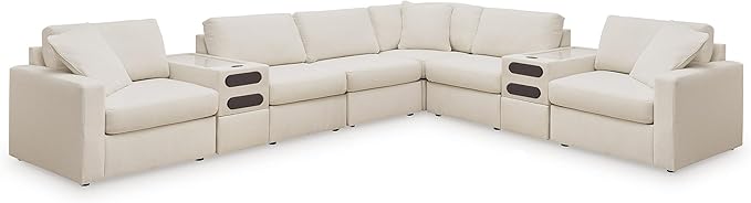 Signature Design by Ashley Modmax Contemporary Stain Resistant Right-Arm Facing 8-Piece Sectional with Audio Consoles, Armrest, Throw Pillows, Reversible Cushions and USB Port, Beige